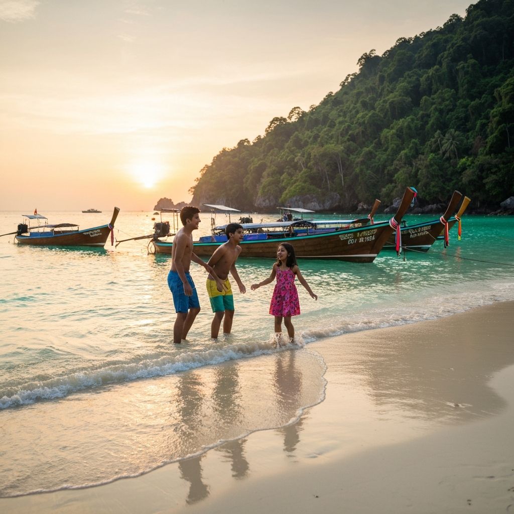 Beautiful Thai beach with turquoise water and limestone mountains